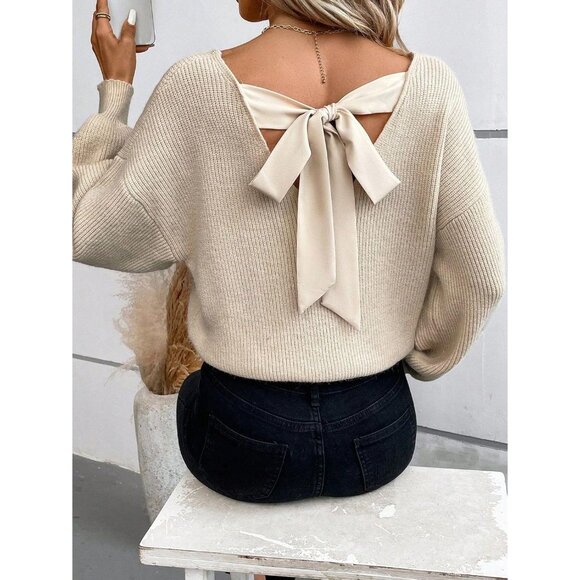 V Neck Sweater Women Knit Off Shoulder Long Sleeve Top Tie Back Apricot - Picture 4 of 6